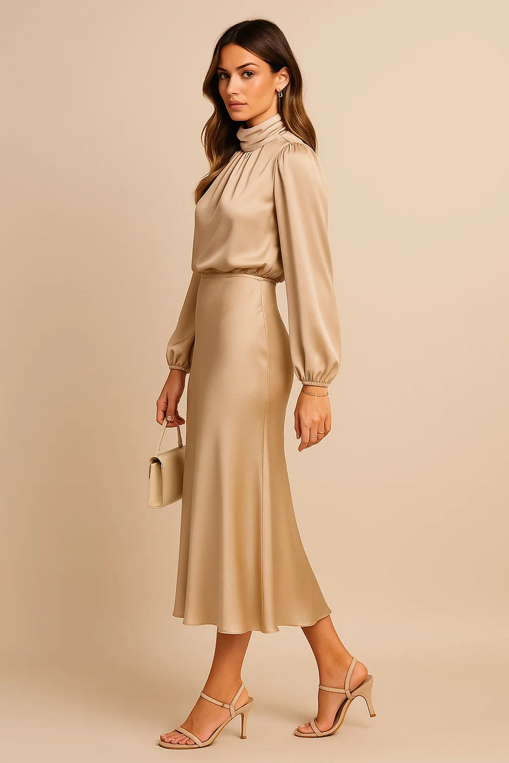 Abby | Women's Mock Neck Midi Dress High Waist Wedding Guest