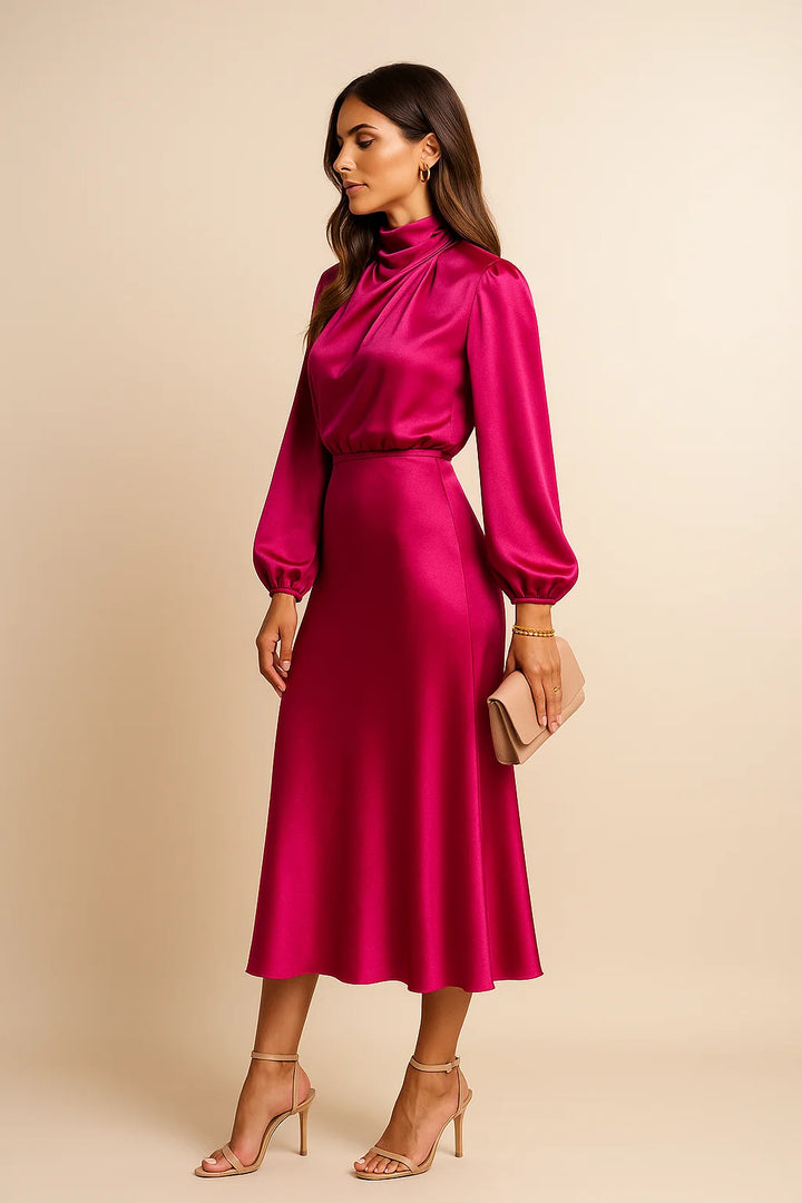 Abby | Women's Mock Neck Midi Dress High Waist Wedding Guest