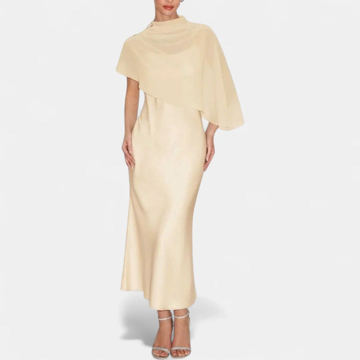 Ashley | Women's Satin Maxi Dress Cape Sleeve Wedding Guest