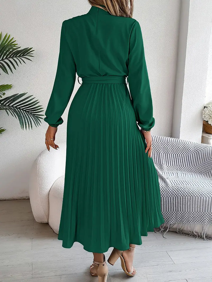 Brittany | Women's Pleated Midi Dress Tie Waist Long Sleeve