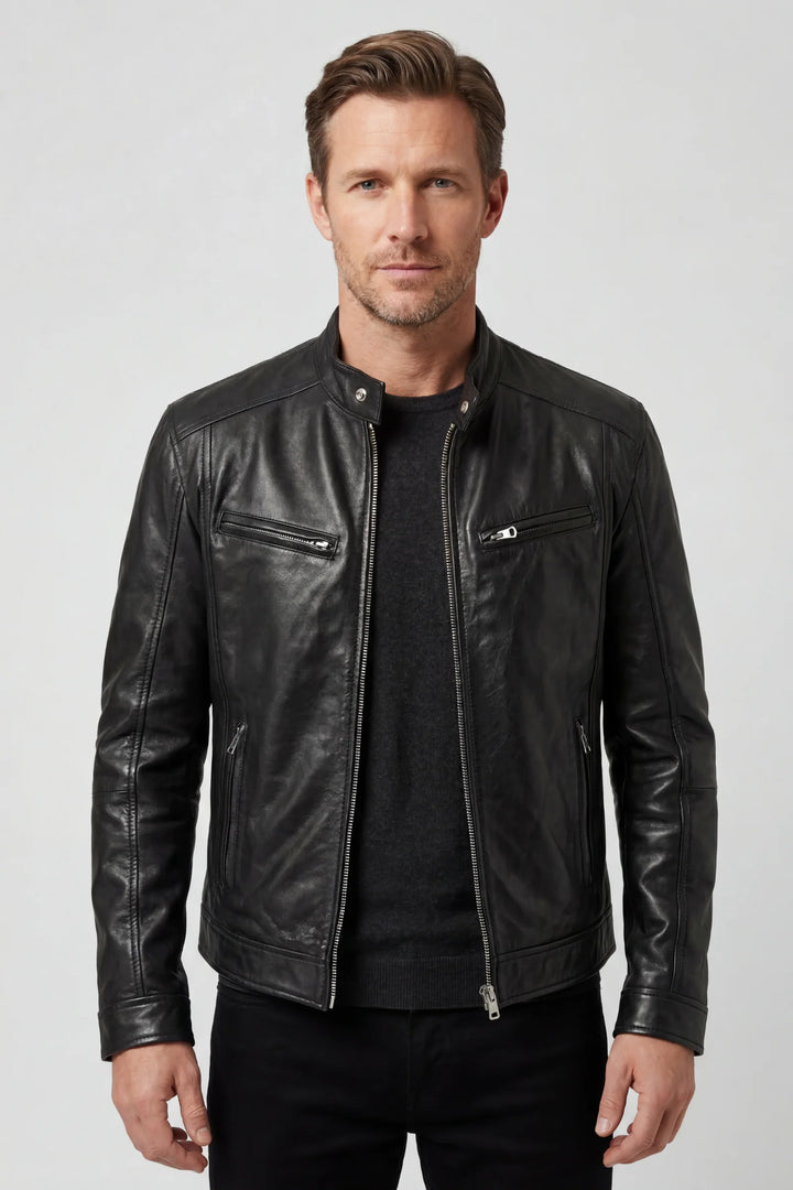 Cameron | Men's Biker Jacket Zip Pockets Stand Collar