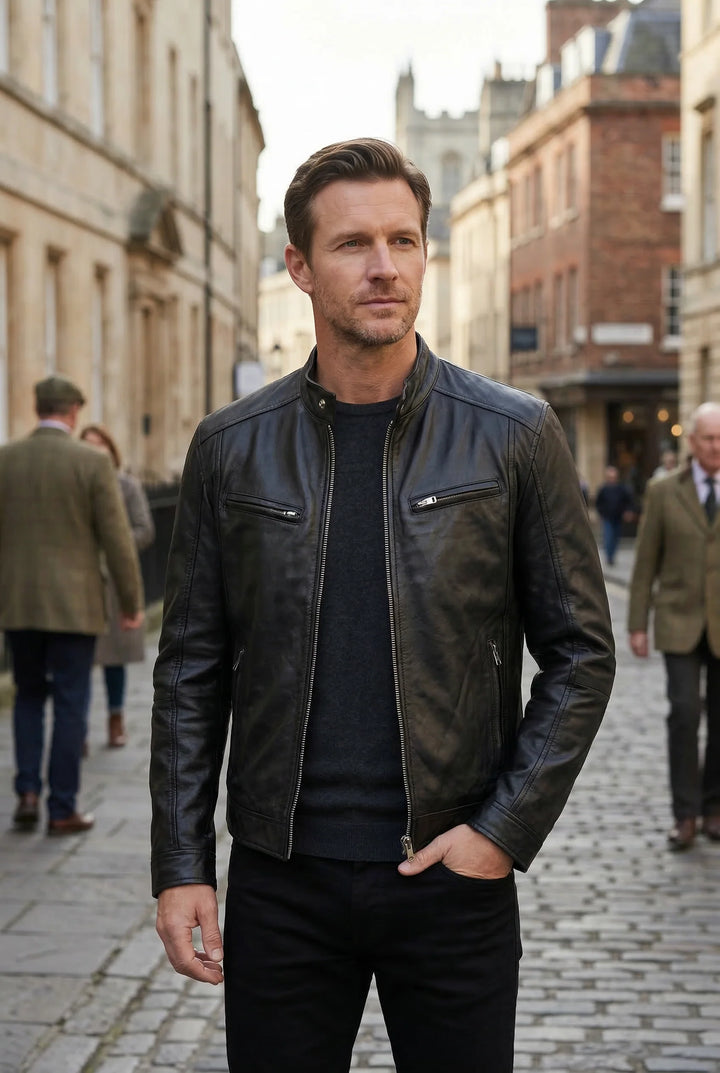Cameron | Men's Biker Jacket Zip Pockets Stand Collar