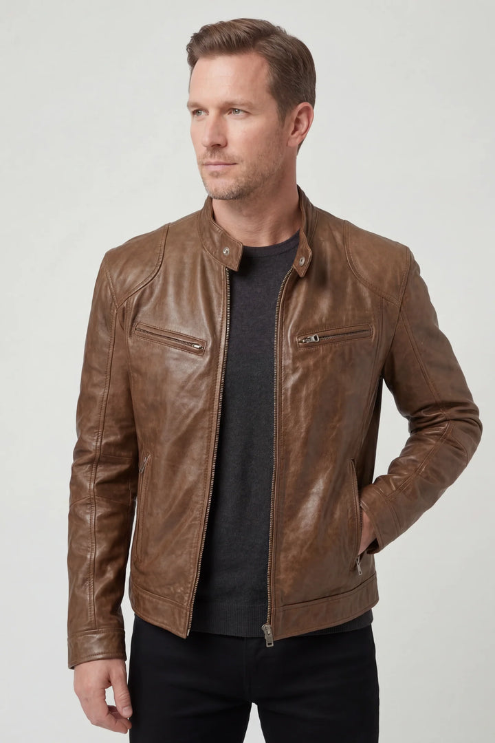 Cameron | Men's Biker Jacket Zip Pockets Stand Collar