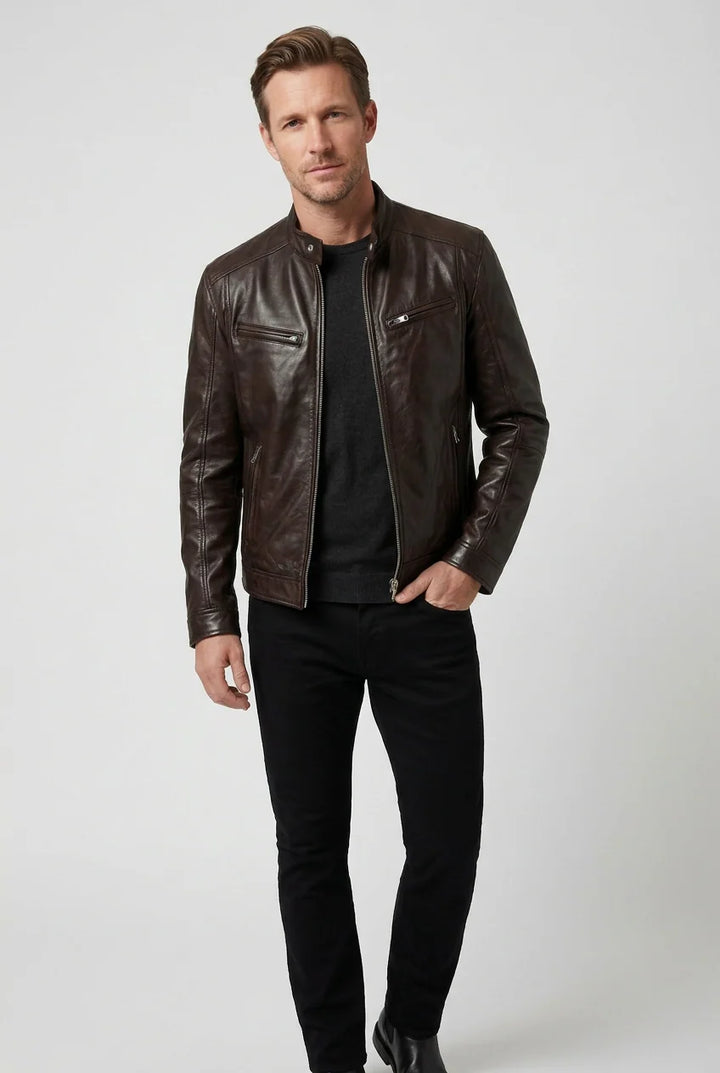 Cameron | Men's Biker Jacket Zip Pockets Stand Collar