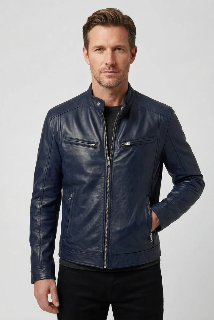Cameron | Men's Biker Jacket Zip Pockets Stand Collar