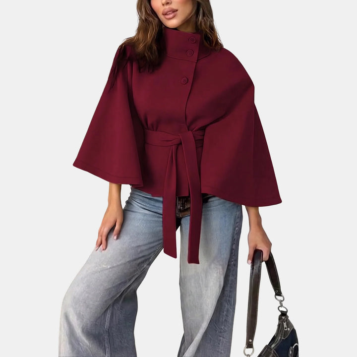 Ellie | Women's Cape Coat Cropped Stand Collar Belted