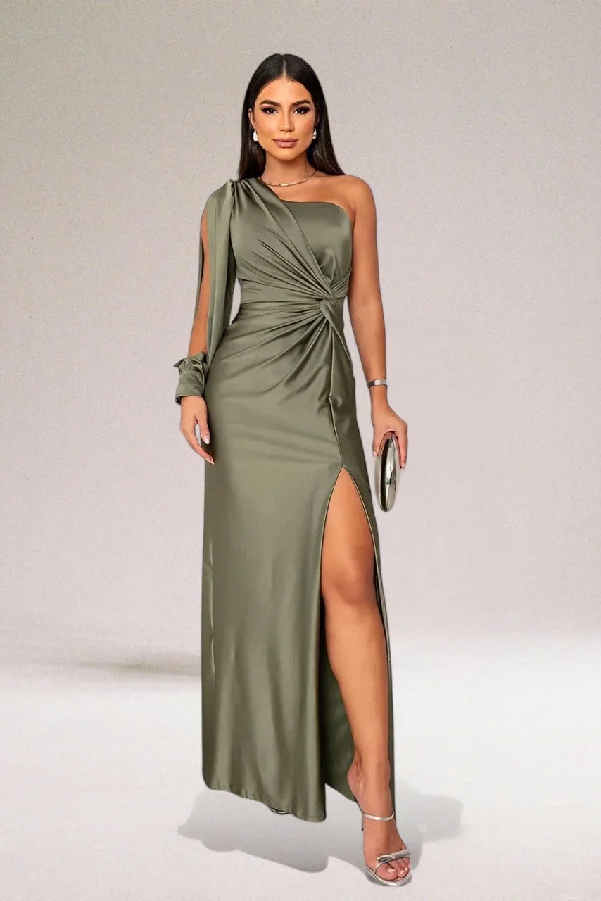 Kayla | Women's Ruched Dress Asymmetric Neckline Slit