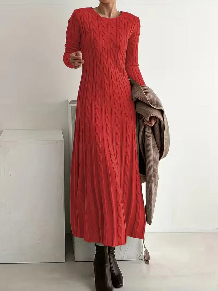 Maria | Women's Knit Maxi Dress Cable Pattern Crew Neck